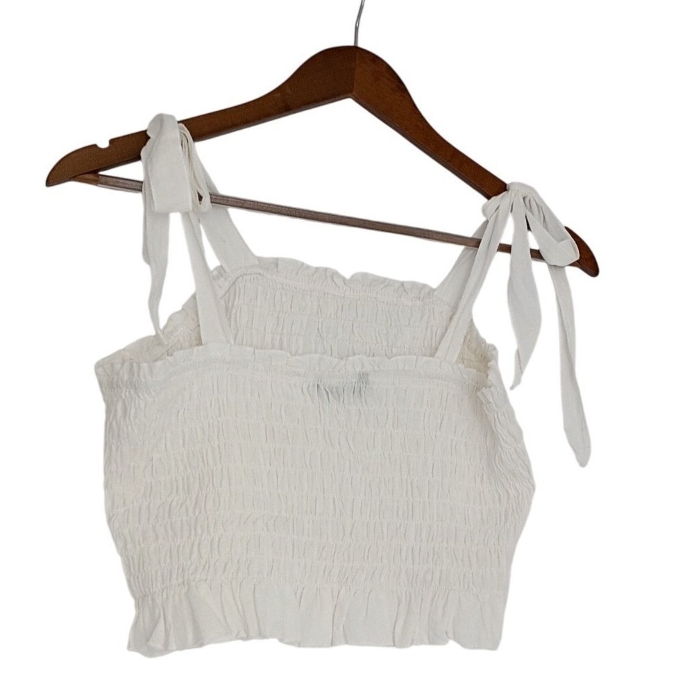 White Smocked Tie Strap Ruffle Crop Top S Milkmaid Coquette Festival Fairycore